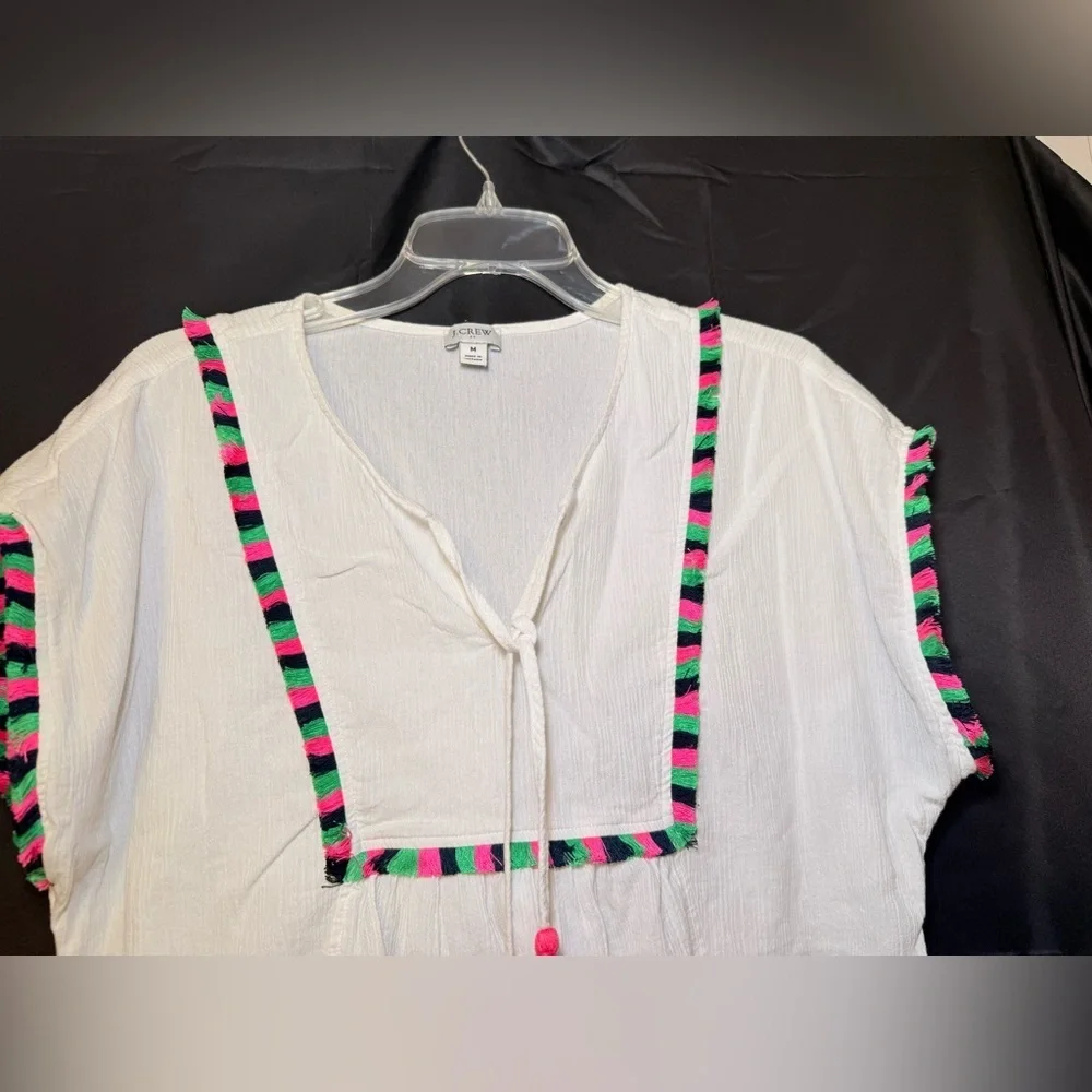 J. Crew MEDIUM Tunic Cover Up White Crepe Colorful Front V Neck Tassels Beach